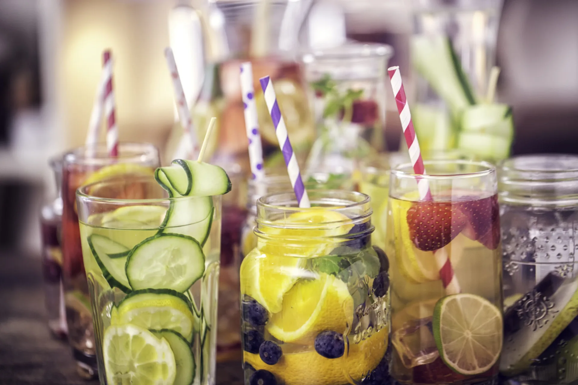 Variation of Infused water with fresh fruits like raspberries, lemon, pomegranate,berries, oranges, lime and mint.