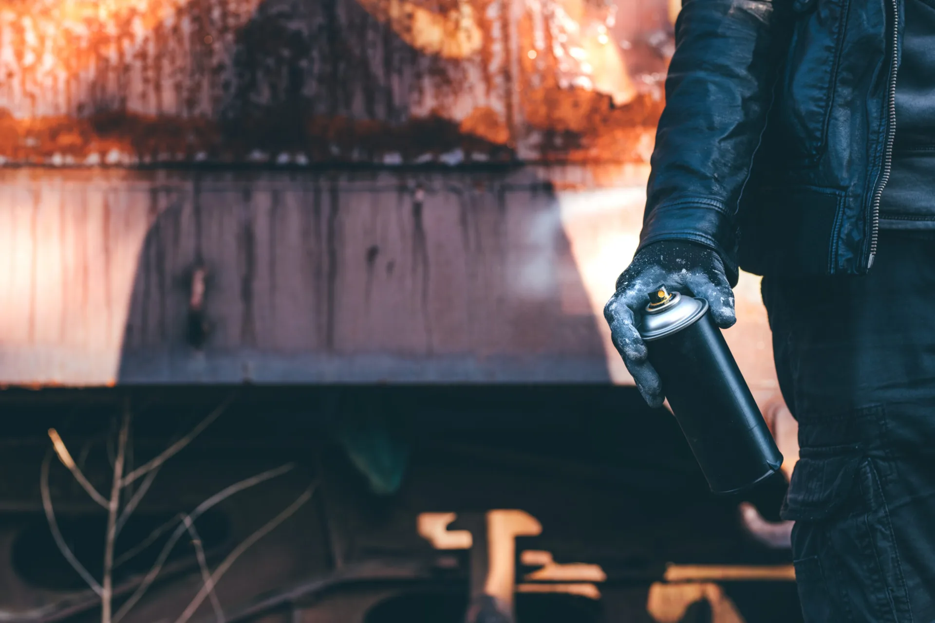 Homeless man spray painting old train wagon with aerosol can. Unrecognizable male person hand close up in conceptual image with selective focus.