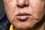 Closeup of elderly Asian man with dry face and chapped cracked lips with meth sores